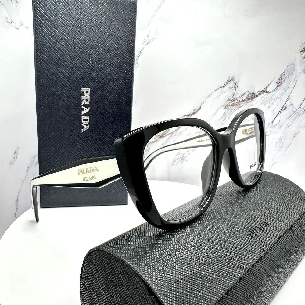 New PRADA Eyeglasses Cat Eye Black White Gold 53-17-140 Womens - Picture 1 of 16